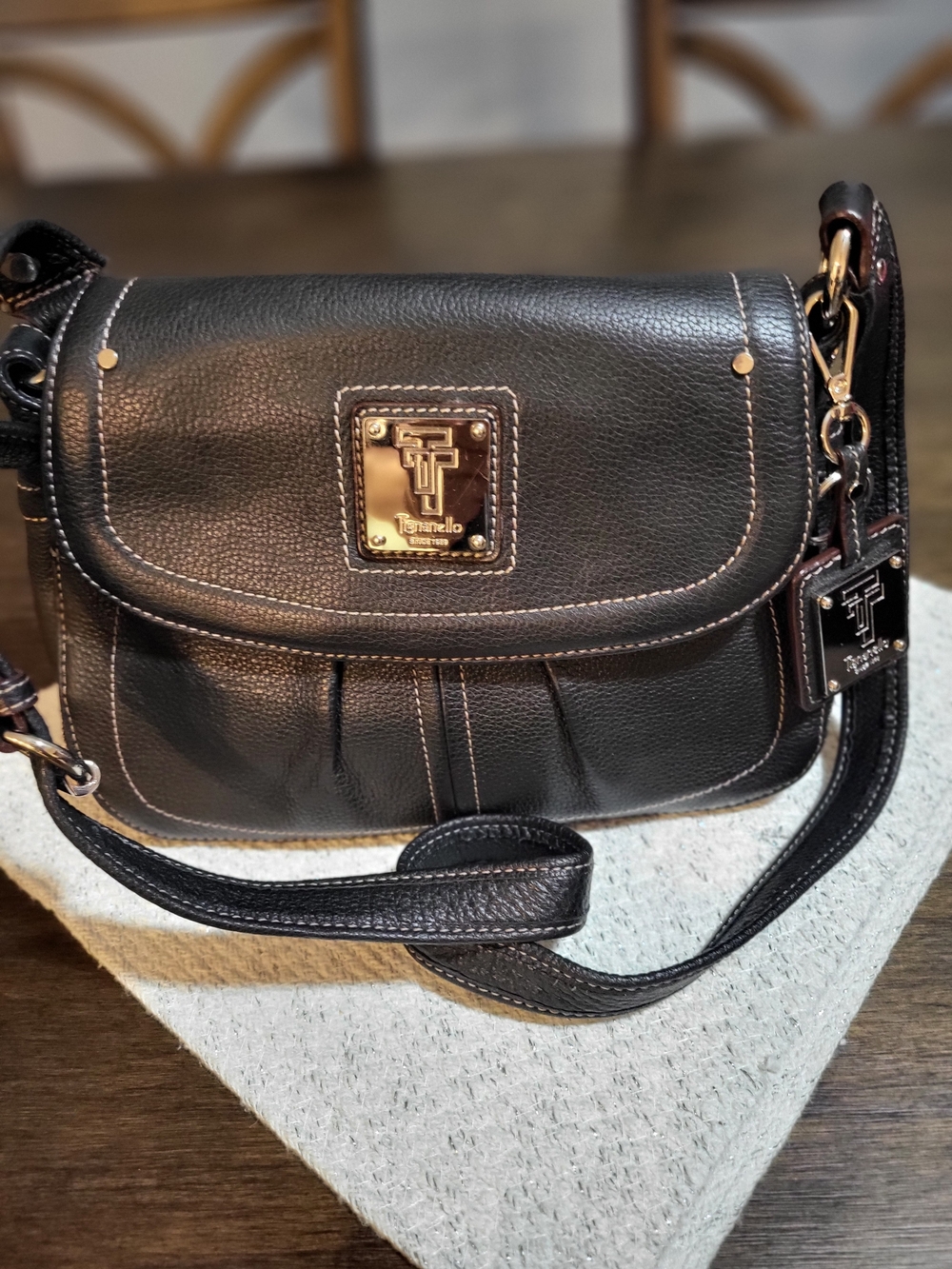 Tignanello Black Leather Crossbody with Gold Hardware